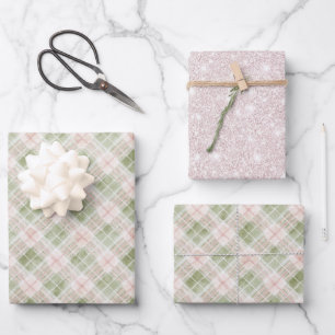 Grün Pink Kariert Streifen Geburtstag Geschenkpapier Set