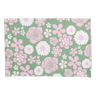 Grün Pink Weiß Retro Y2K 70er Blumenmuster Kissenbezug