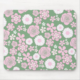 Grün Pink Weiß Retro Y2K 70er Blumenmuster Mousepad