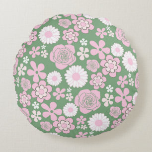 Grün Pink Weiß Retro Y2K 70er Blumenmuster Rundes Kissen