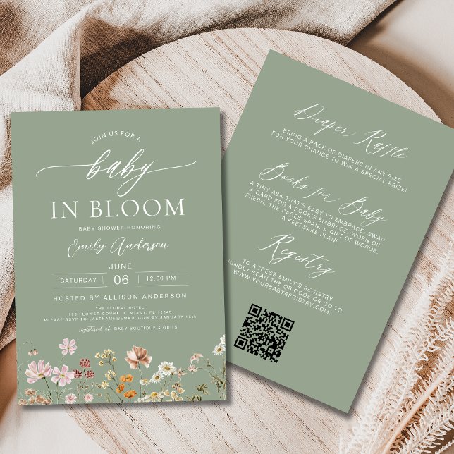 Grün-QR-Code Wildblume Baby in Bloom Einladung (Von Creator hochgeladen)