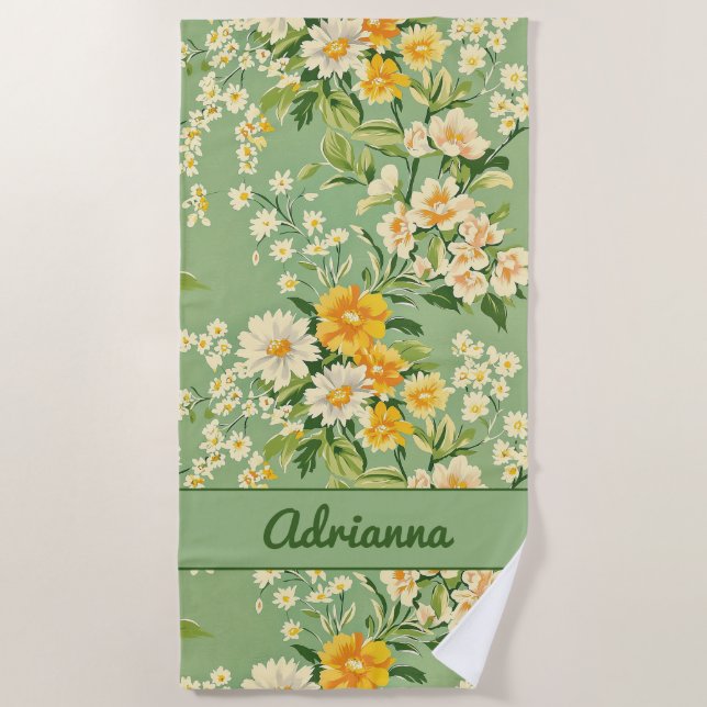 Grün Retro Floral  Strandtuch (Vorderseite)
