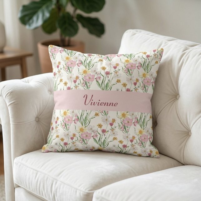 Grün Rosa Aquarell Wildblumen Monogramm Name Kissen (Pink Green Watercolor Wildflower Name Throw Pillow)