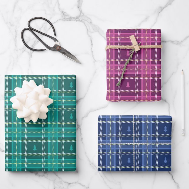Grün, Rosa, Blauer Tartan Kariert mit Weihnachtsba Geschenkpapier Set (Vorderseite)