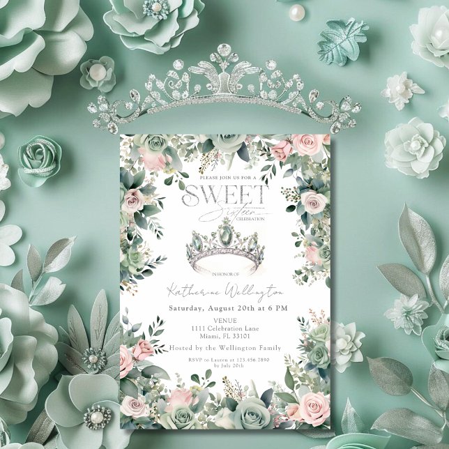 Grün Rosa Blumenkronen Tiara Silber Sweet 16 Einladung (Sage Green Pink Floral Tiara Crown Silver Sweet 16 Invitation)