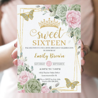 Grün rosa Blumenschmetterlinge Gold Sweet 16 Einladung