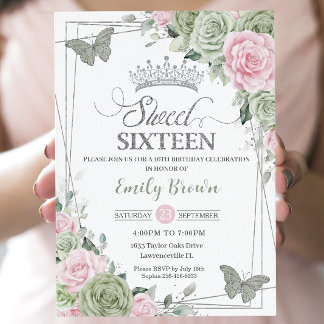 Grün rosa Blumenschmetterlinge Silbersüß 16 Einladung