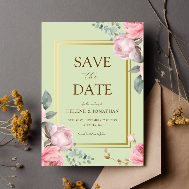 Grün rosa Garten Elegante Hochzeit der Blumen Save The Date (Sage Green Pink Garden Elegant Floral Wedding Save The Date)
