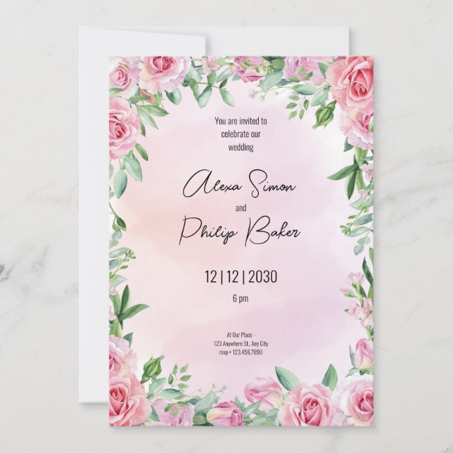 Grün-Rosa-Hochzeit, Grüne Blume Einladung (Vorderseite)