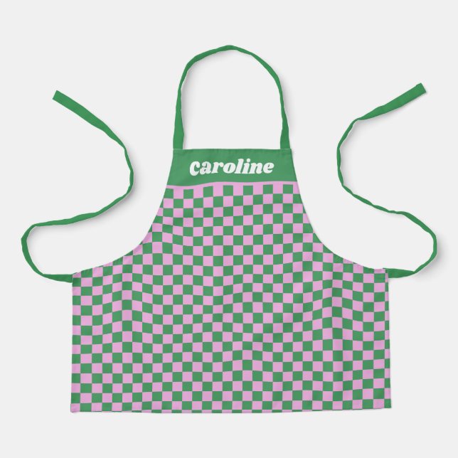 Grün Rosa Kariert Retro Personalisierter Name Schürze (Vorderseite)