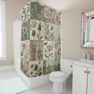 Grün Rosa Patchwork Landhausstil Retro Blumen Farm Duschvorhang