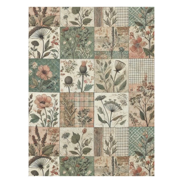 Grün/Rosa Patchwork Vintage Blumenmuster Tischdecke (Vorderseite)