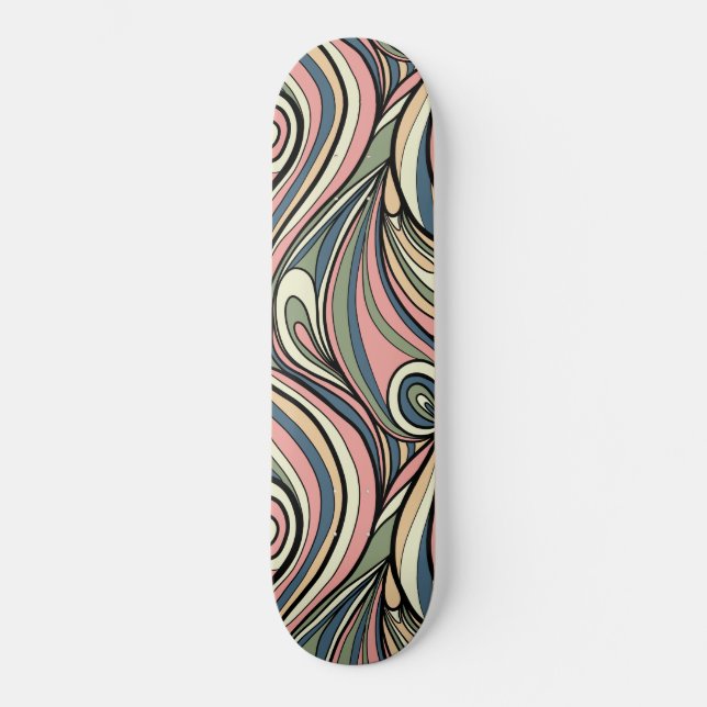 Grün, Rosa rot, dunkelblauer Retro Swirl Skateboard (Vorderseite)