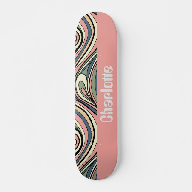 Grün, Rosa rot, dunkelblauer Retro Swirl Skateboard (Vorne)