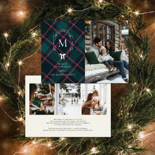 Grün & Rosa Tartan   Coquette-Schleife Monogramm  Feiertagskarte
