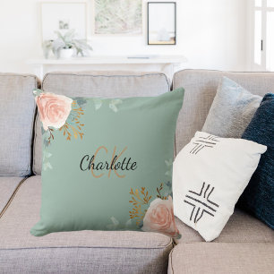 Grün Rose Goldfarben Rosa Blütenmonogramm Kissen