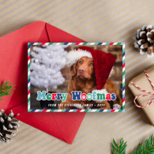 Grün Rot Blau Retro Fröhliche Woofmas Hund Weihnac Feiertagskarte