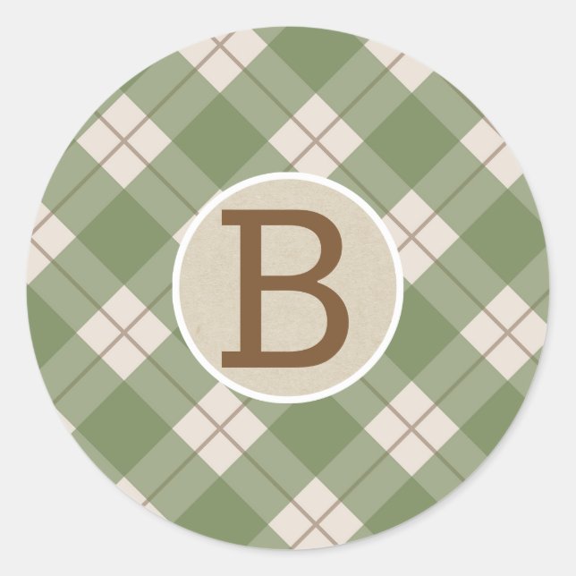 Grün Rot Rustikal Land Kariert Kraft Monogramm Runder Aufkleber (Vorderseite)