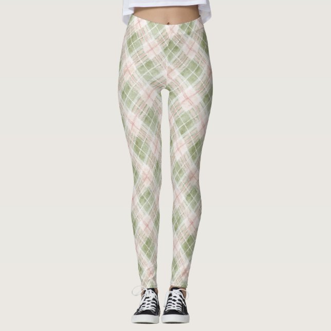 Grün Röte Pink Kariert Gestreift Leggings (Vorderseite)