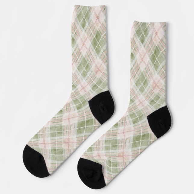 Grün Röte Rosa Kariert Gestreift Socken (Linkes Detail)
