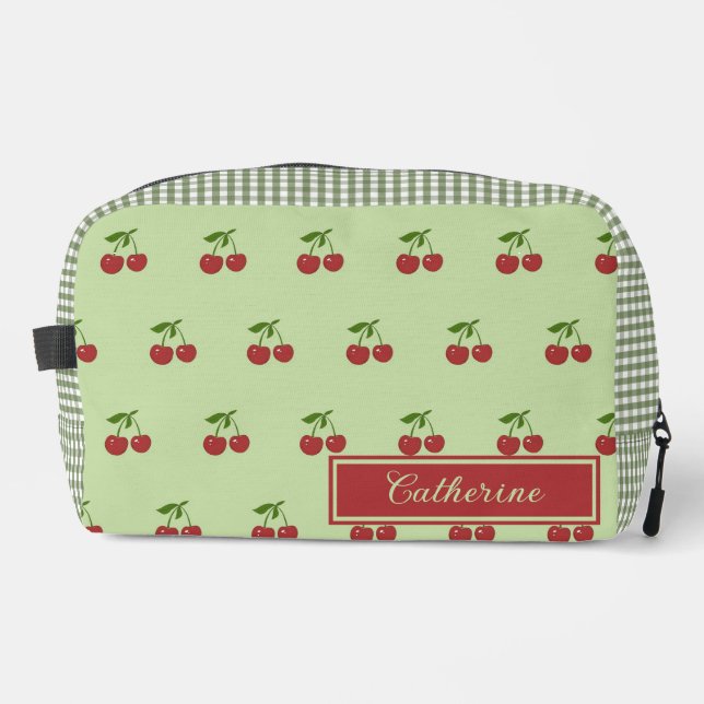 Grün-rotes Kirsch-Gingham-Muster Einfache Früchte Waschbeutel (Vorderseite)