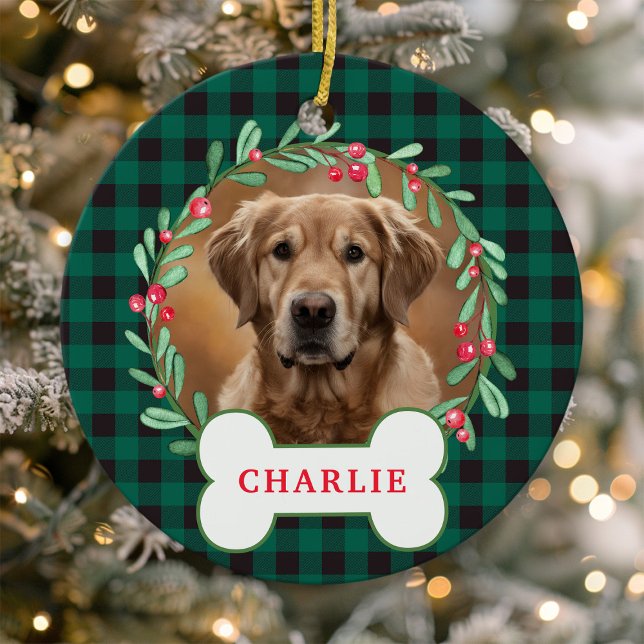 Grün/Schwarz Karierter Hund Foto Weihnachtskranz Keramik Ornament (Von Creator hochgeladen)
