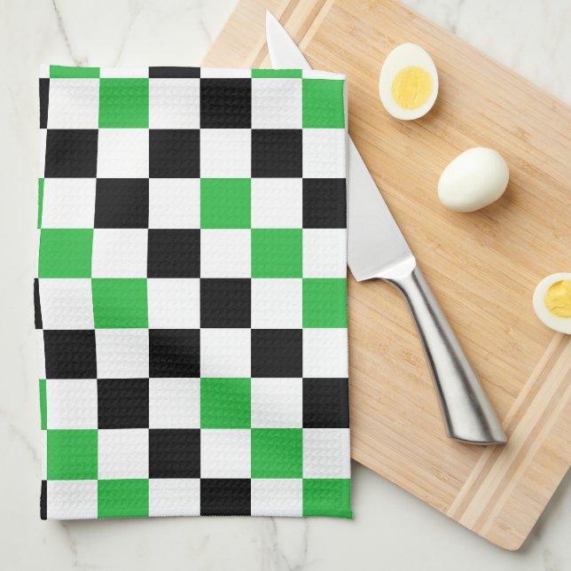 Grün Schwarz Weiß Karomuster Design  Geschirrtuch (Viertel Falte)
