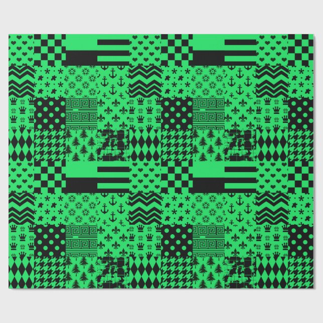 Grün-schwarze gemischte Muster-Patchwork-Design  Geschenkpapier (Flach)