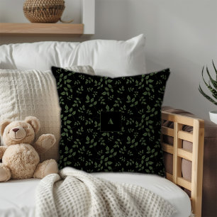 Grün schwarzes Muster Blätter Monogramm Kissen