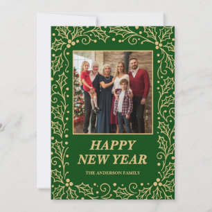 Grün- und Antikgold-Familien-Neujahrsfoto Feiertagskarte