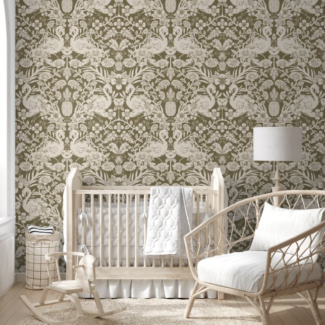 Grün und Beige Flamingo Floral Damask Wallpaper Tapete (Kinder)