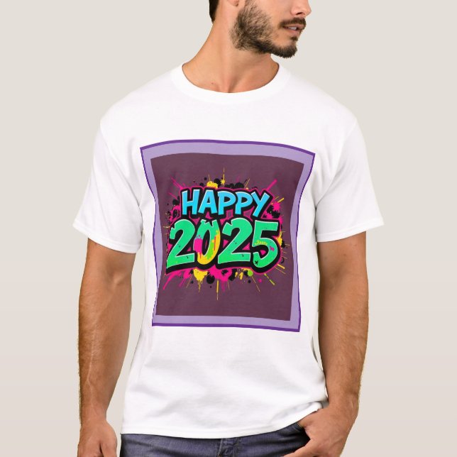 Grün und Blau glücklich Neues Jahr 2025 T-Shirt (Vorderseite)