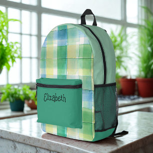 Grün und Blau Kariert Bedruckter Rucksack
