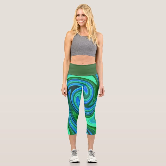 Grün und Blau Swirl - Coole Abstrakte Psychedelik Capri Leggings (Vorderseite)
