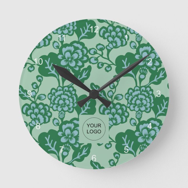 Grün und Blau Vibranu und feines Blumenmuster Runde Wanduhr (Vorderseite)