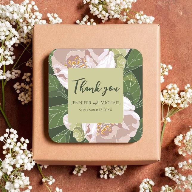 Grün und Blume Elegant Quadratischer Aufkleber (Lush Flower and Greenery Elegant Square Sticker)