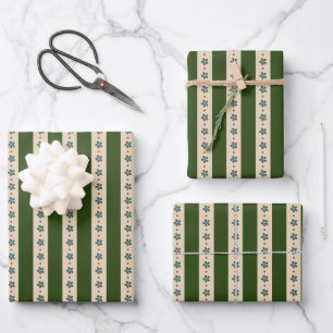 Grün und cremefarbene Streifen und Blumen Geschenkpapier Set
