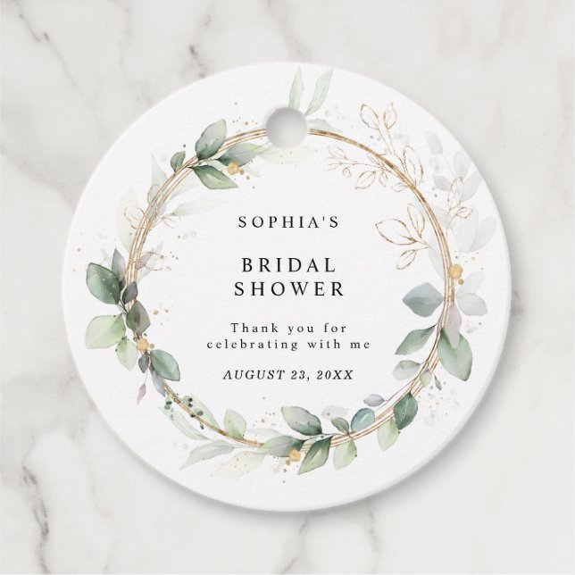 Grün und Gold: Baby- oder Hochzeitsdusche Geschenkanhänger (Vorderseite)