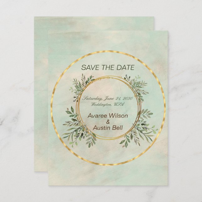 Grün und Gold Circle Frame Wedding Save the Date (Vorne/Hinten)
