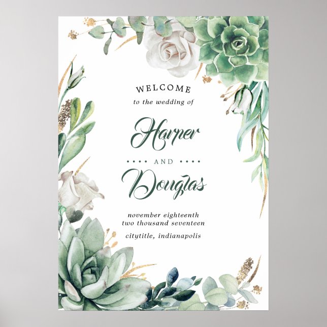 Grün und Gold Elegante Hochzeit Begrüßung Poster (Vorne)