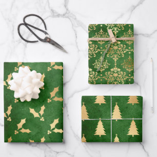 Grün und Gold Foil Winter Weihnachtsmuster Geschenkpapier Set