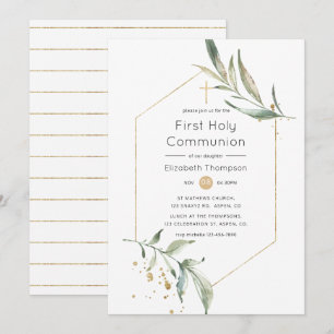 Grün und Gold Glitter Geometrische Erstkommunion Einladung