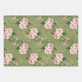 Grün und Gold mit rosa Rosen Geschenkpapier Set