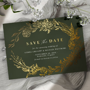 Grün und Gold   Moss Floral Save the Date Folieneinladung