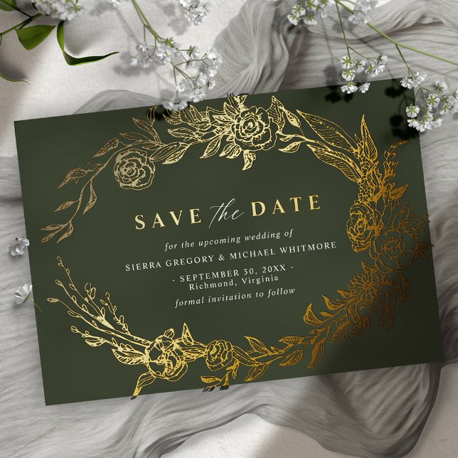 Grün und Gold | Moss Floral Save the Date Folieneinladung (Von Creator hochgeladen)