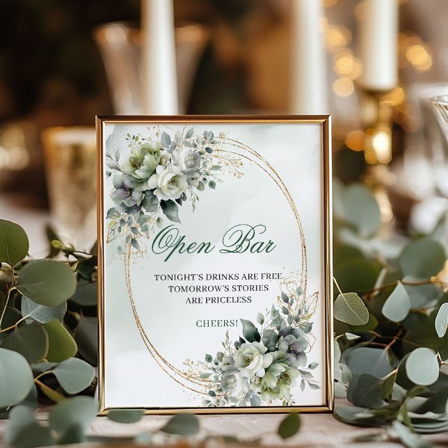 Grün und Gold Offene Bar-Tischschild Boho Poster (Greenery and Gold Open Bar Tabletop Sign Boho)