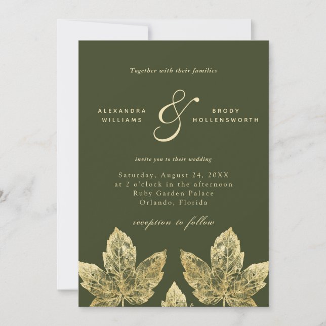 Grün- und Gold-Rustikal-Gold-Foil-Blätter Hochzeit Einladung (Vorderseite)