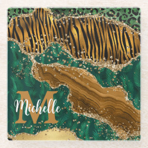 Grün- und Gold-Safari-Tier-Glitter-Achat-Monogramm Glasuntersetzer