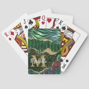 Grün- und Gold-Safari-Tier-Glitter-Achat-Monogramm Spielkarten
