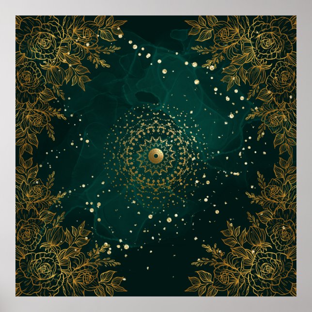 Grün und Gold Verziert geblüht Blumen Poster (Vorne)